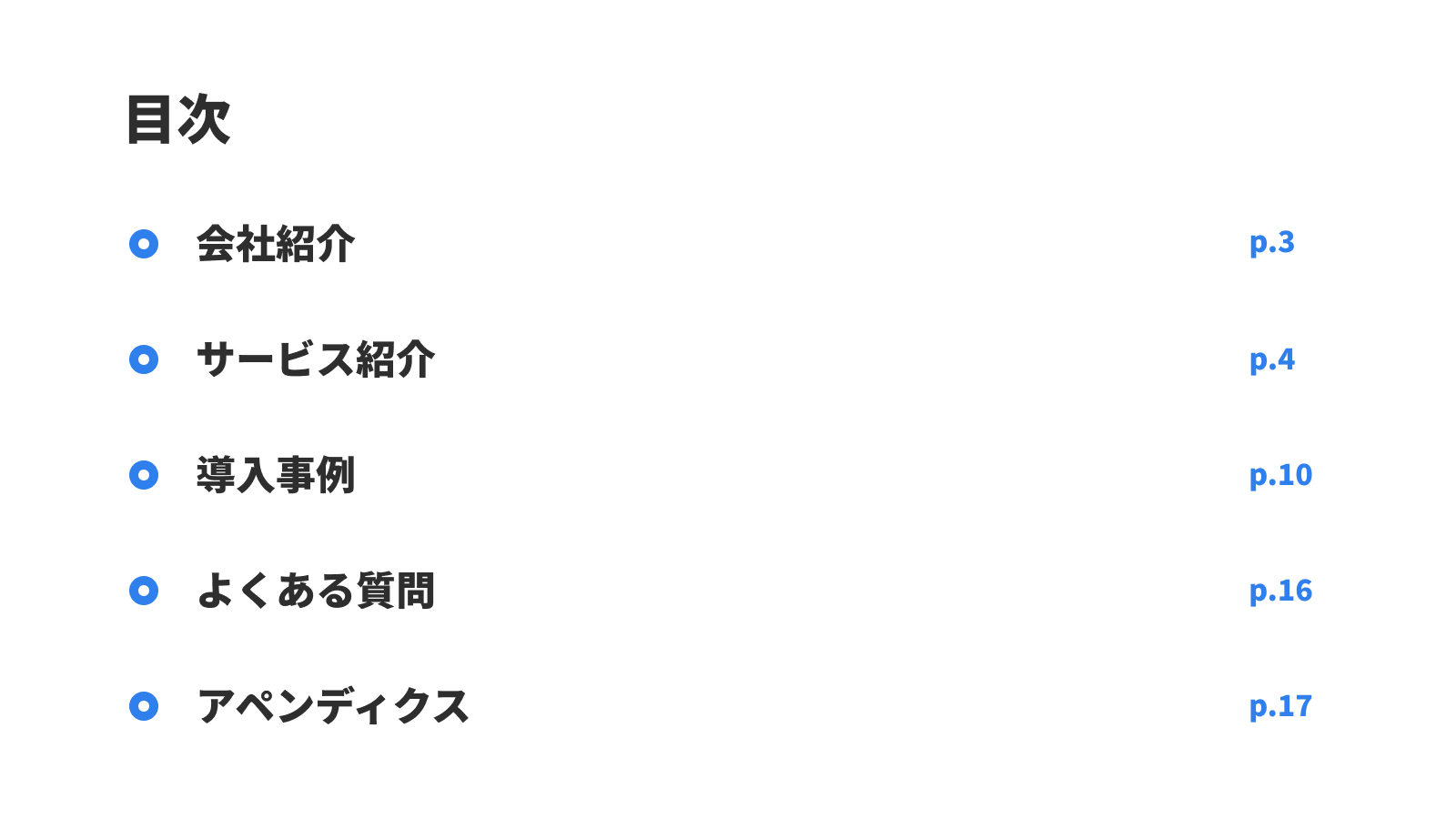 見出しとページ番号がある目次スライド